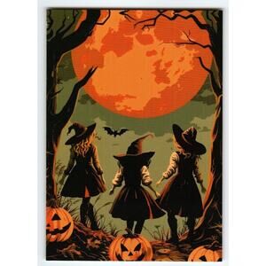 Vintage Halloween Postcard with Three Witches & Pumpkins Full Moon